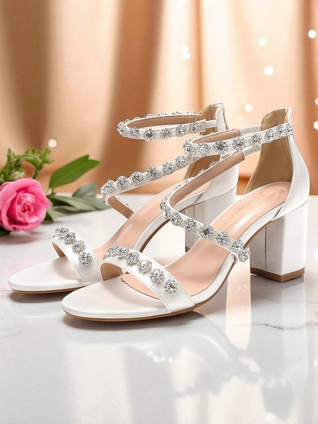 Heel Open Elegant Women's White Block Sandals - Rhinestone