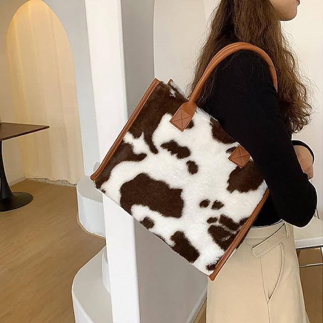 Leopard Bag Fur Brown Leather Women's Faux Print with Tote