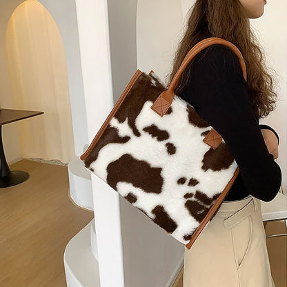 Tote Bag with Leather Faux Leopard Print Brown Women's Fur
