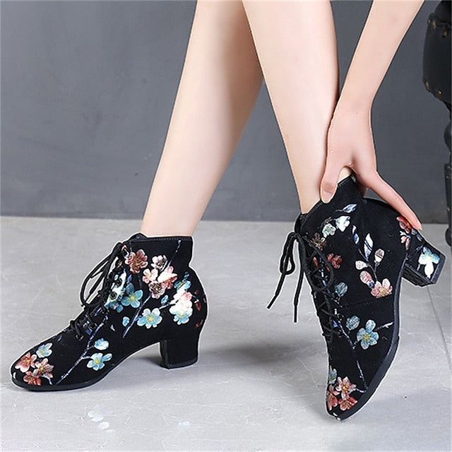 Floral for – Low Comfortable Shoes Lace-up Women Dance Black