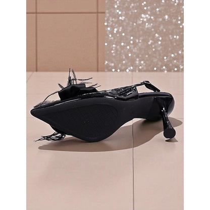 Heels Women's Patent Black with Leather Slingback Feather