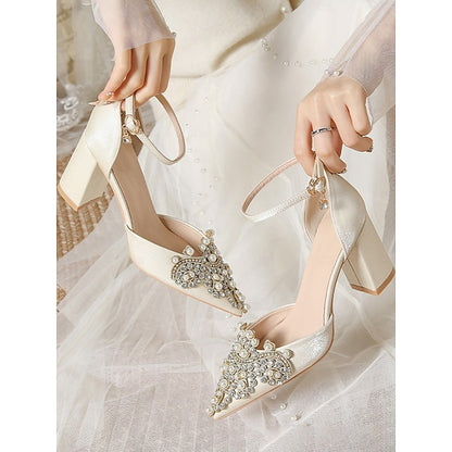 Embellished Rhinestone Block Pearl Women's Heel and Wedding