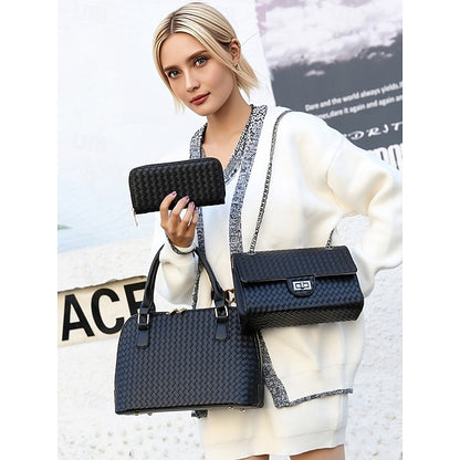 Handbag Set Brown Leather Women's Woven – 3-Piece Faux