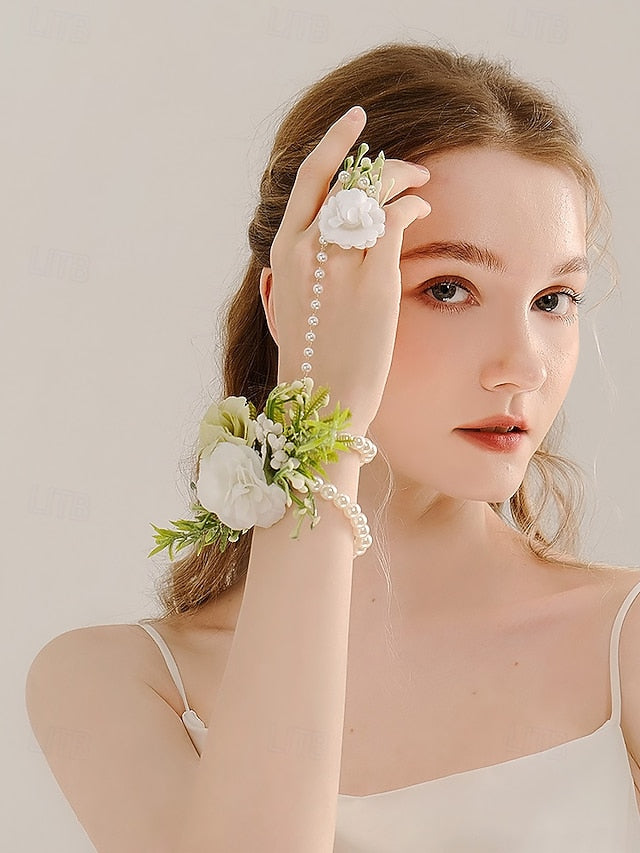 Pearls Floral Jewelry and – White Elegant with Hand Wrist Set