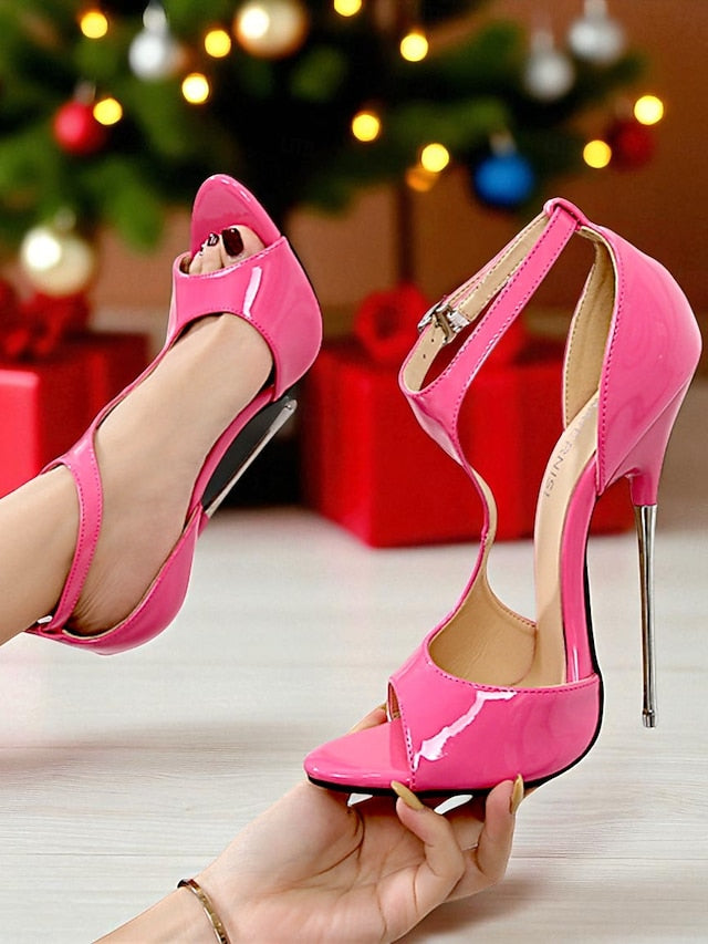 Stiletto Red Women's Leather Patent Heels Open Strappy -