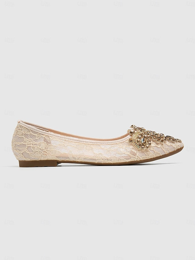 Flats Women's Beige Ornate Elegant Ballet Lace with
