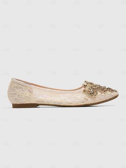 Flats Women's Beige Ornate Elegant Ballet Lace with