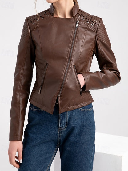 Jacket Zipper Leather Pocket Comfortable Faux Women's