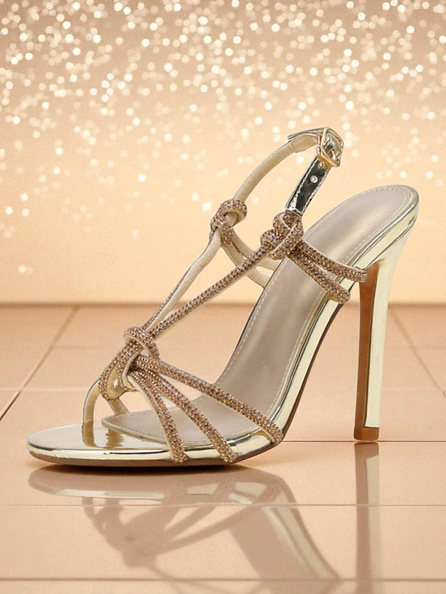 Toe with Square Heels Stiletto Strappy Women's Rhinestone