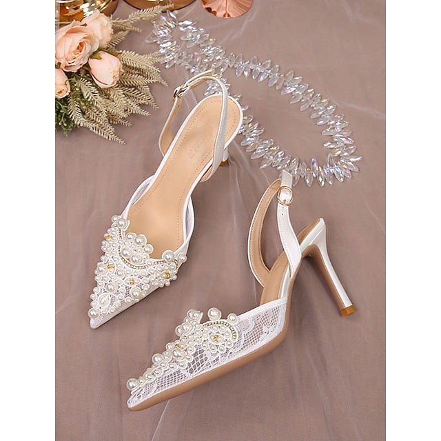 Kitten Slingback White with Pearl-Embellished Heel Pointed-Toe