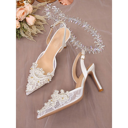 Kitten Slingback White with Pearl-Embellished Heel Pointed-Toe