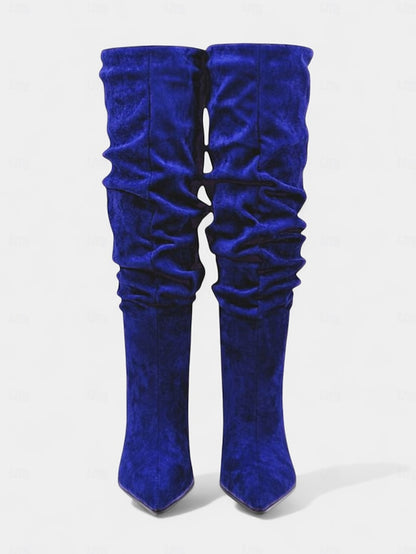 Boots Toe Velvet Pointed - Green Slouch Women's High Knee