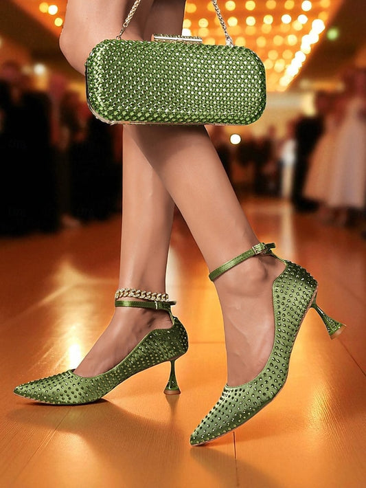 and Green Matching Bag Heels Clutch Set Women's Rhinestone