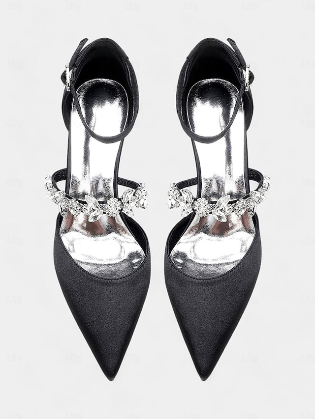 Embellishments Satin Rhinestone Heels Black with Women's -