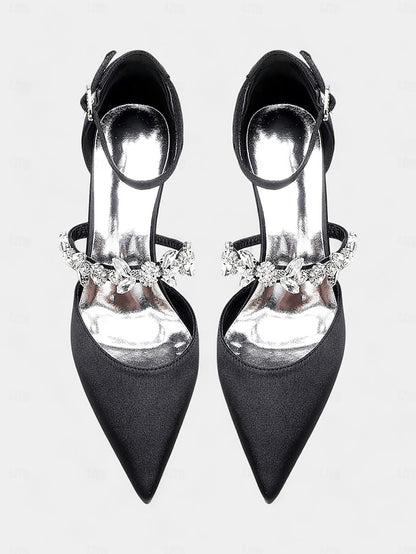 Embellishments Satin Rhinestone Heels Black with Women's -