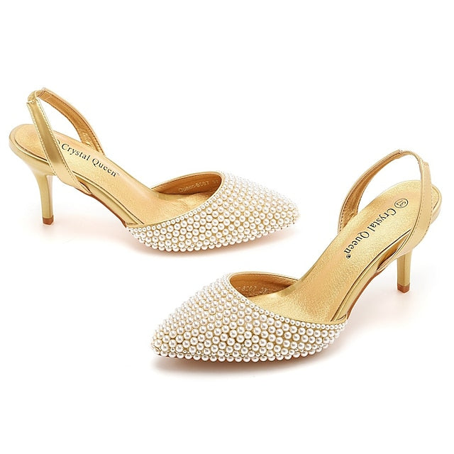 Slingback Women's Embellishments with White Pearl Heels –