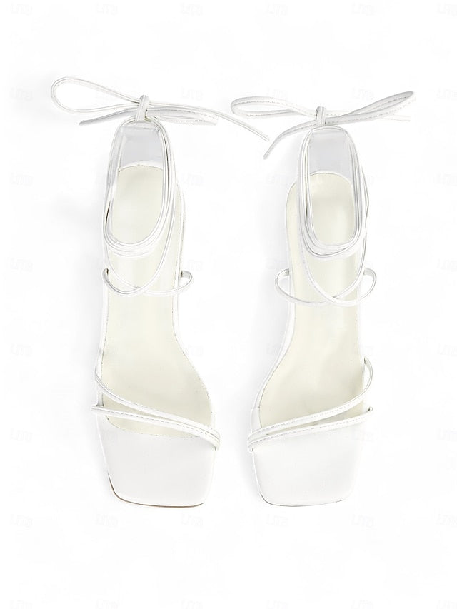 Women's Heel with Block White Clear Heels Lace-Up Strappy