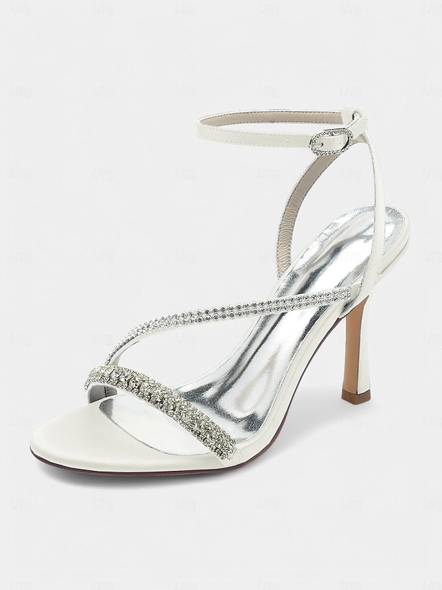 Sophisticated Satin Champagne – Rhinestone Heels Strappy