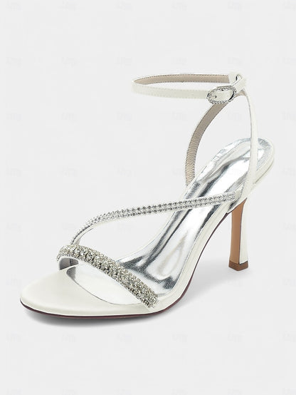 Sophisticated Satin Champagne – Rhinestone Heels Strappy