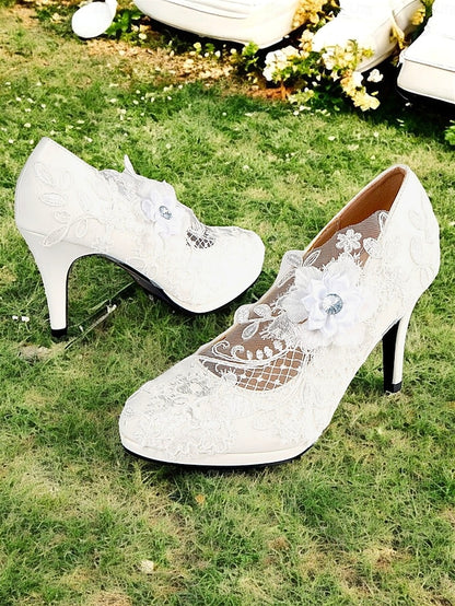 Lace Bridal White with Heel High – Floral Embellishments Shoes