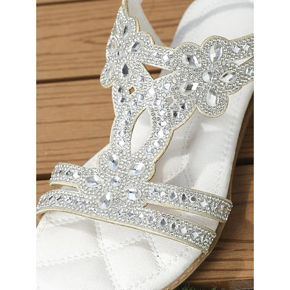 Rhinestone – Flat Boho Silver Sandals Women's T-Strap