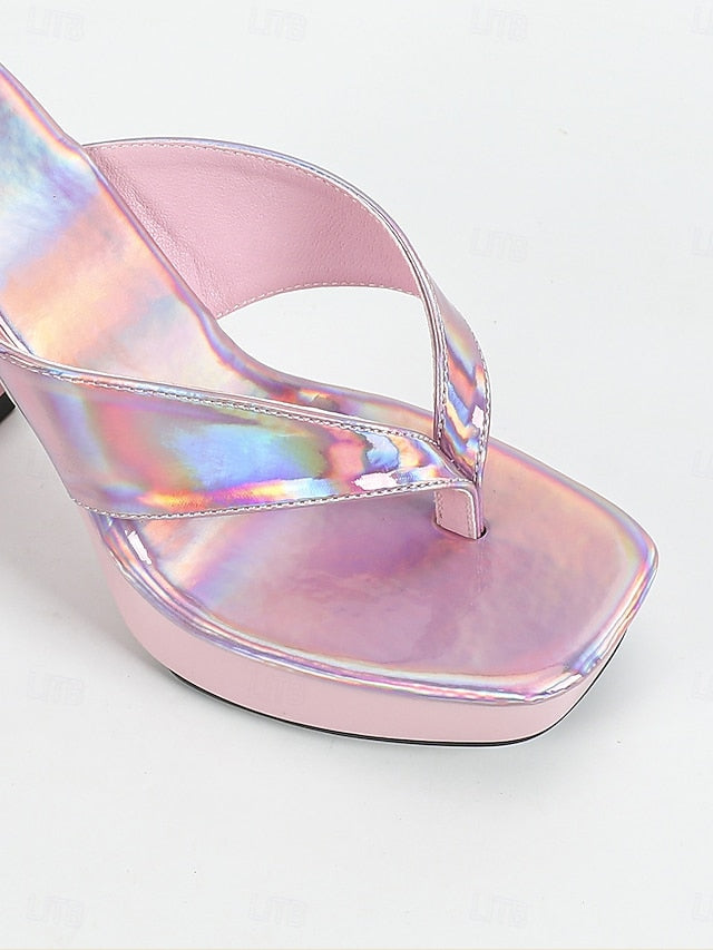 Women's Open-Toe Chunky Pink Heels with Block Iridescent