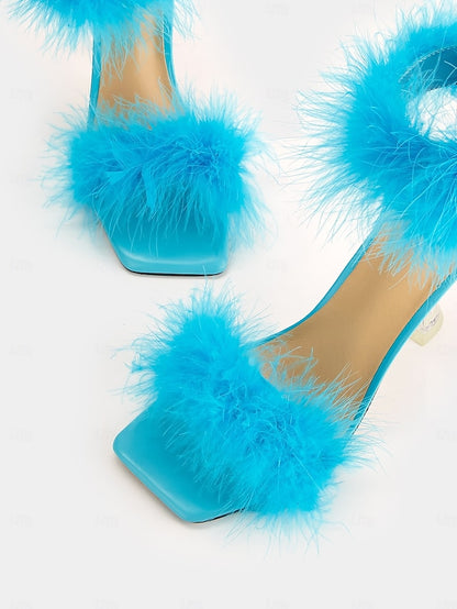 High with Sandals Turquoise Feather-Embellished Heel Clear