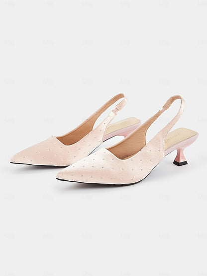 Satin Slingback Women's with Kitten Rhinestone Studs Heels