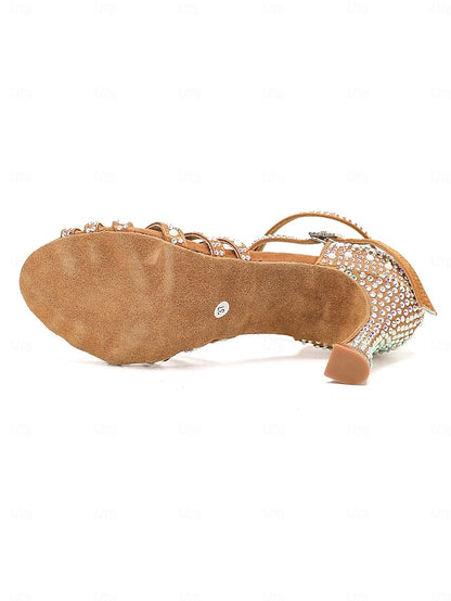 High Sandals with Heel Tan Latin Rhinestone-Embellished Dance