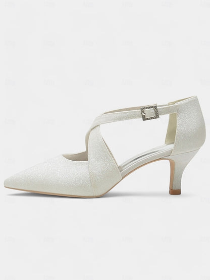 White Heels Glitter Cross Rhinestone Buckle with Kitten Strap