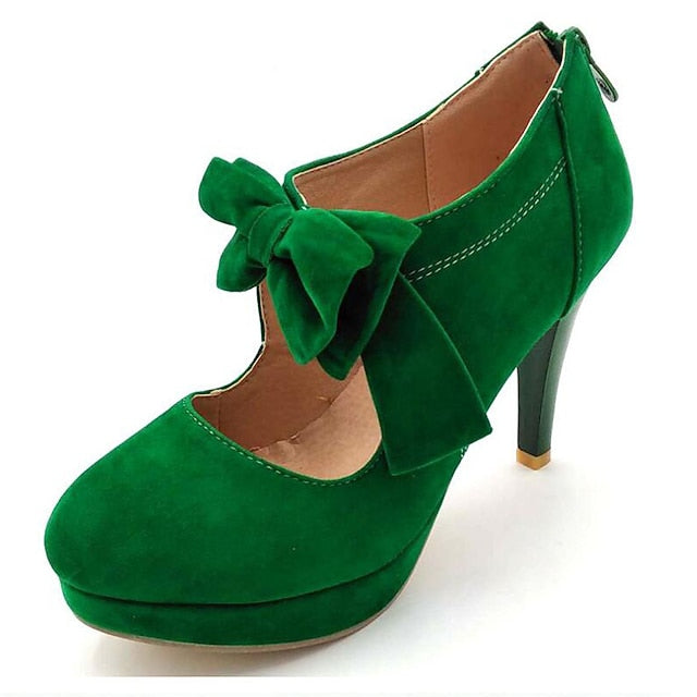 Heel Bow High Suede Platform Vintage – Red Pumps Women's