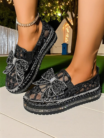 Slip-On Lace Black Shoes Women's with Bow Rhinestone
