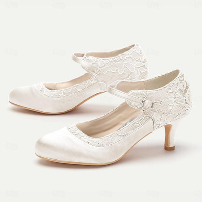 Comfortable Satin Red Mid-Heel Lace Heels - Women's Elegant