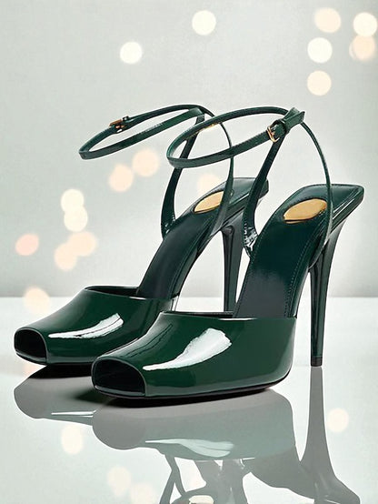 Patent - Toe Leather Heels Women's Green High Peep Dark