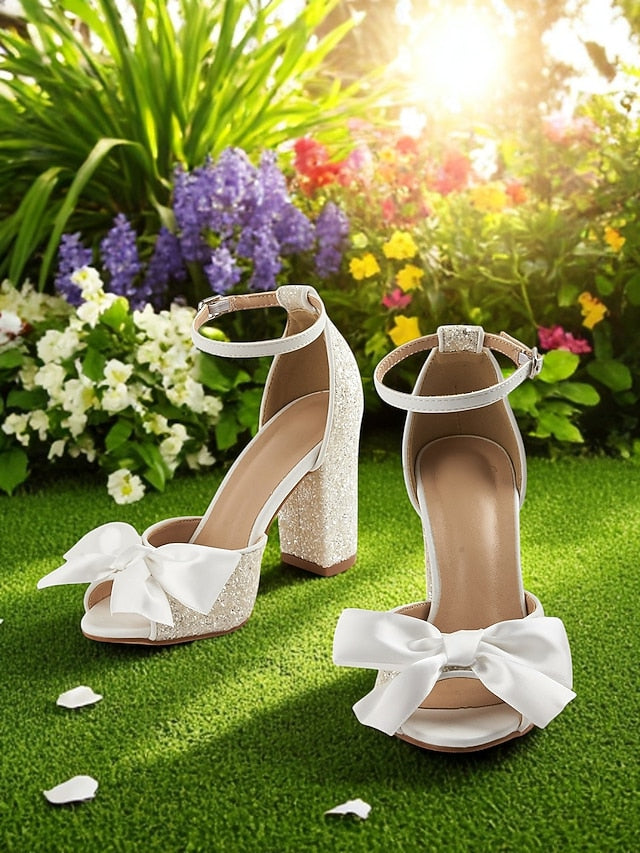 Block Glitter Heel Sandals with Wedding White Ankle Women's