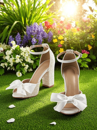 Block Glitter Heel Sandals with Wedding White Ankle Women's