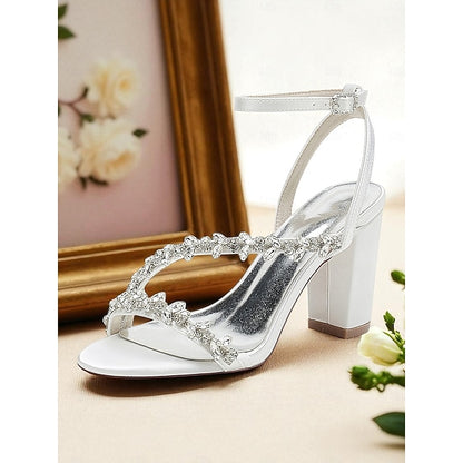 Heel Sandals Block Straps Women's - Rhinestone White with