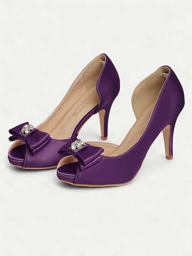 Satin Peep Toe Bow and with Heels Champagne Women's