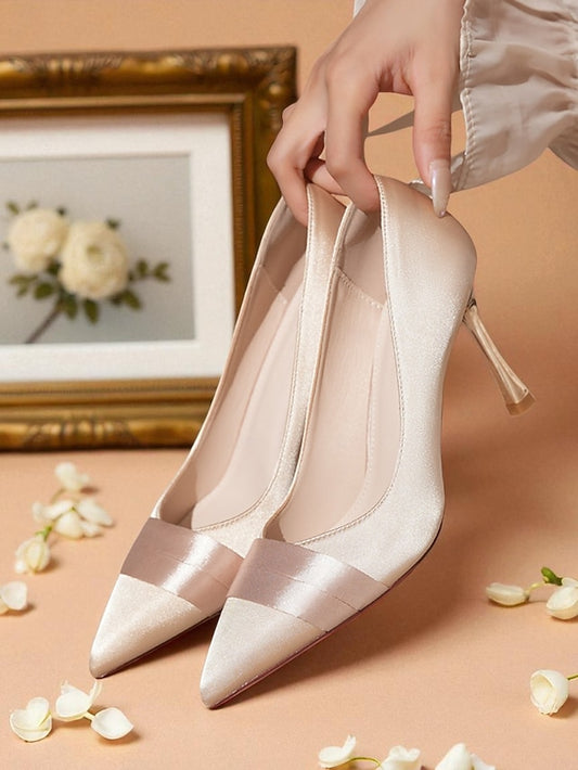 Heel High Pumps - Women's Pointed Toe Champagne Satin