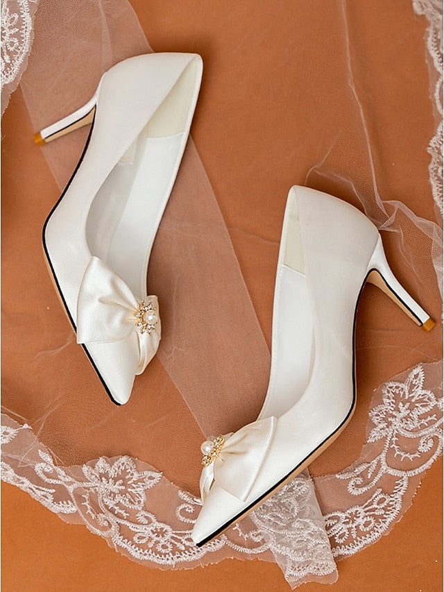 Wedding – Women's Bow Toe Pumps Chic Satin Pointed