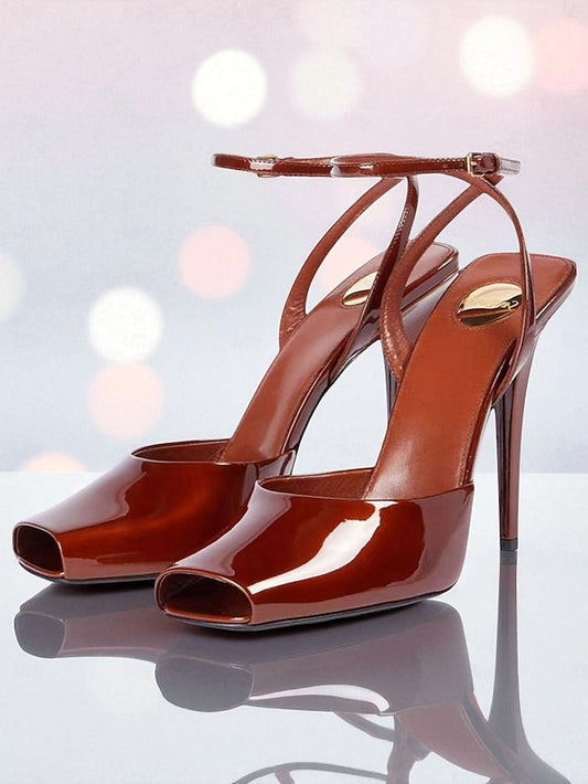 Heels Women's Peep Patent Leather Toe Green Dark High -