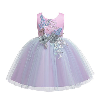 Girls' Kids Party Blushing Floral Lace Blue Dress Purple