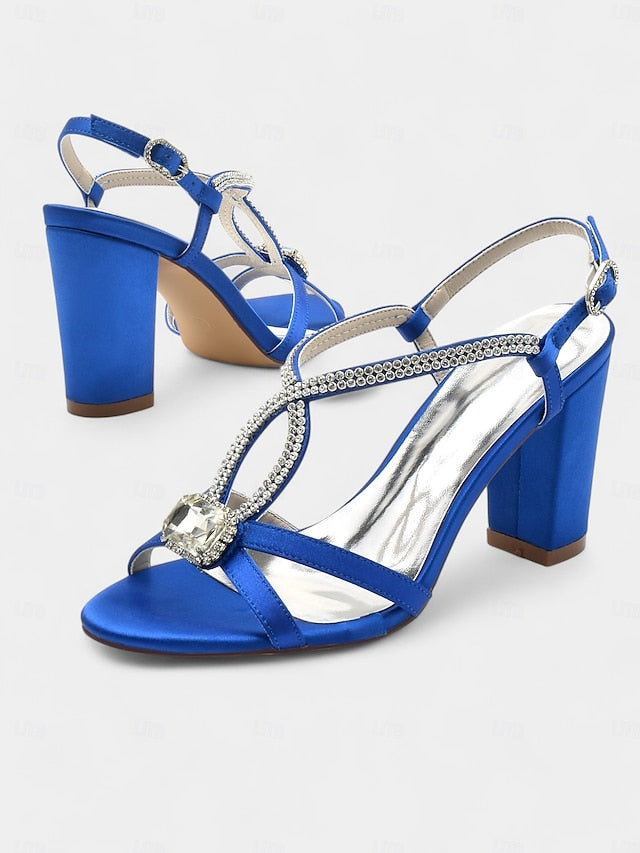 Women's Rhinestone Royal Sandals Elegant Blue – Satin