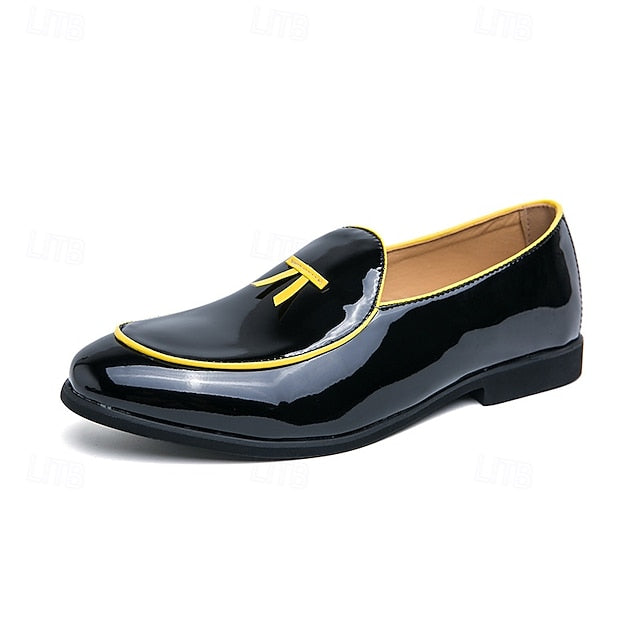 Leather Loafers Men's with Trim Yellow Patent Black Faux
