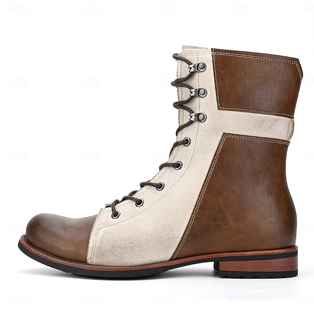Mid-Calf Two-Tone Vintage Leather Men's Boots Lace-Up Faux