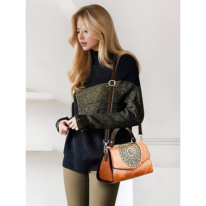 Floral – Faux Vintage Engraved Handbag Leather Women's