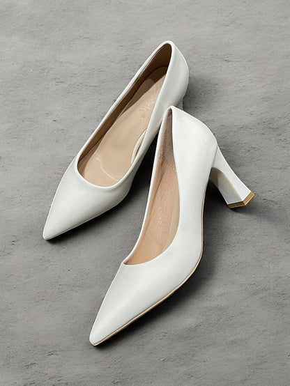 Heel Green Leather Faux Glossy Patent Pumps Pointed-Toe Block