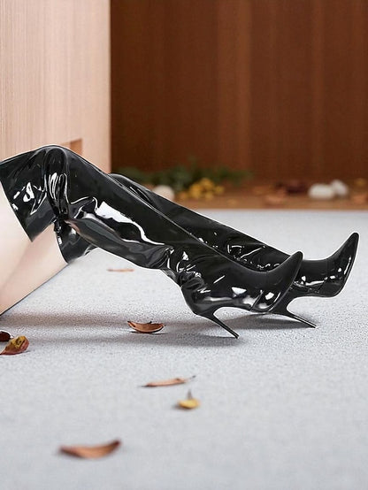 Leather Pointed Black Patent Over-the-Knee Toe Women's