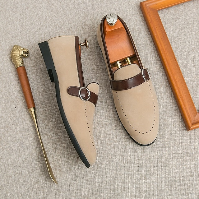 Strap Brown Men's Suede Slip-On Faux Loafers with Buckle