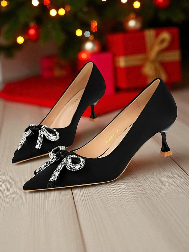 with Crystal Women's Pointed Orange Heels Bow Stiletto -